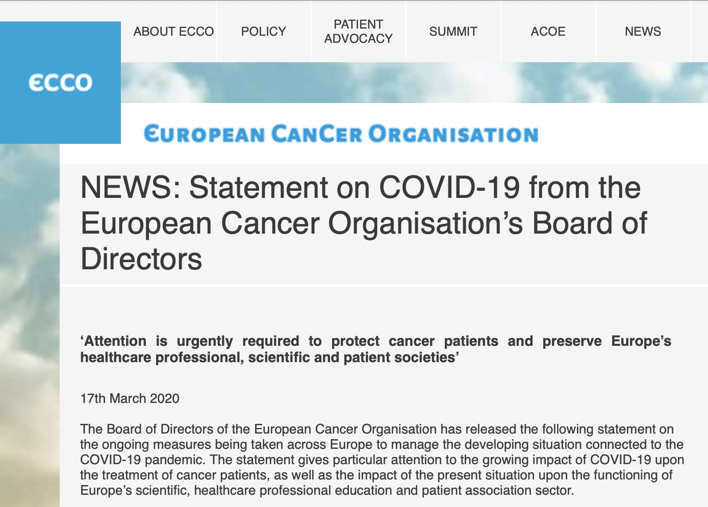 COVID-19: ECCO demands attention to protect cancer patients